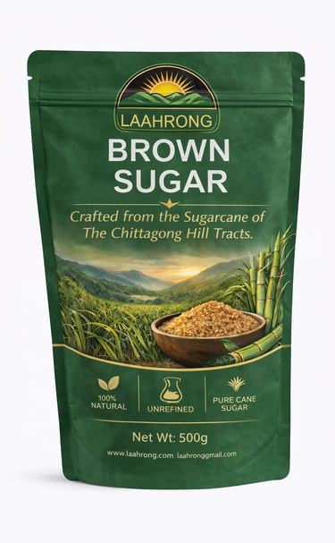 Premium brown sugar pouch with transparent window showing coarse granulated sugar, inspi