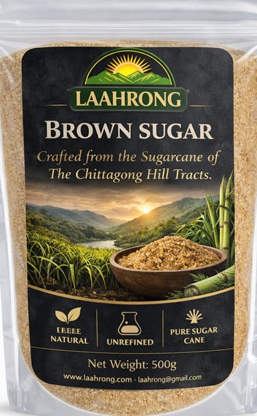  LAAHRONG brown sugar package displayed with a bowl of natural brown sugar and fresh suga