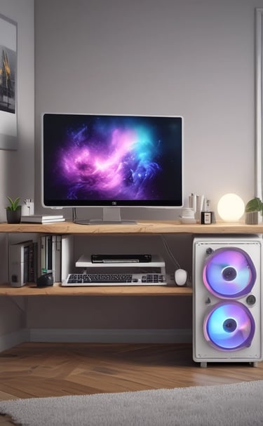 a computer with a blue light