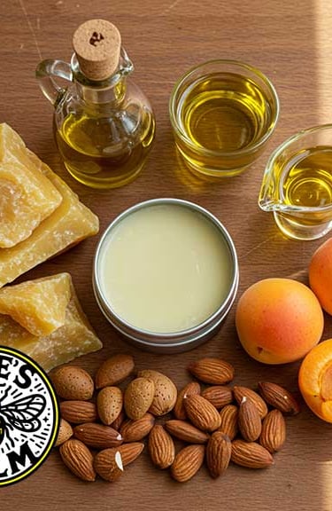 Tin of Unscented Bee's Balm surrounded by almond & apricot seeds & botanical oils & raw beeswax