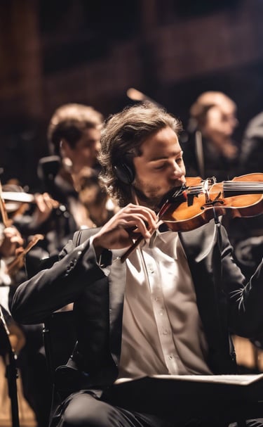 musician playing violin in an orchestra.
