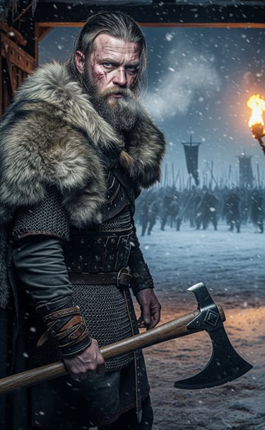 Viking warrior looking at camera as enemies charge the gate.