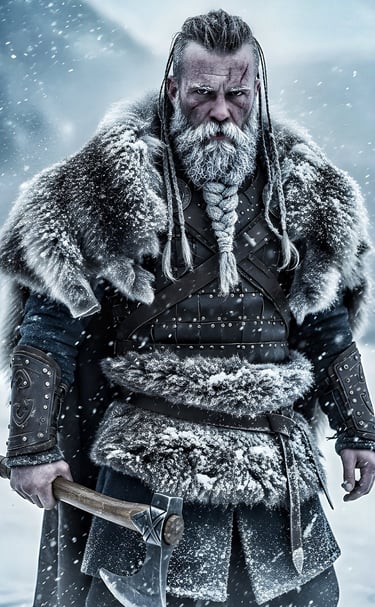 Old Viking warrior stands in the frozen tundra