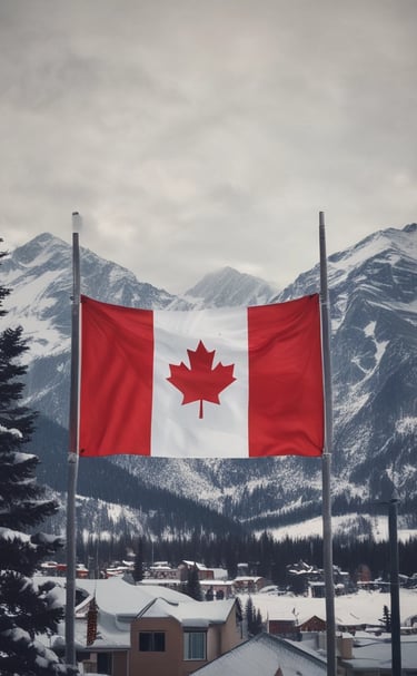 A Canadian flag is prominently displayed in the foreground, waving against a backdrop of snow-capped mountains. A serene body of water lies between the viewer and a forested area, leading into the majestic mountain range under a partly cloudy sky.