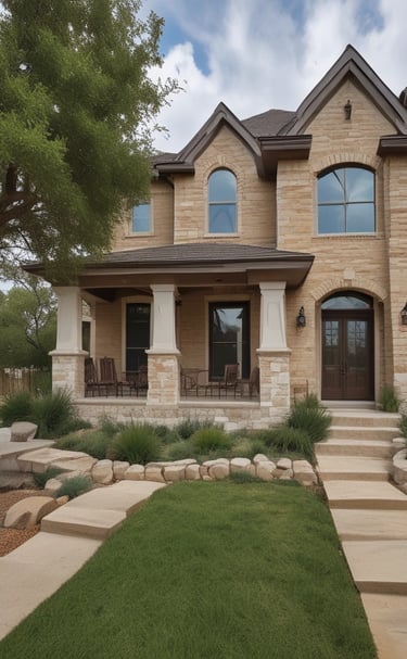 a house with a stone walkway and a stone walkway