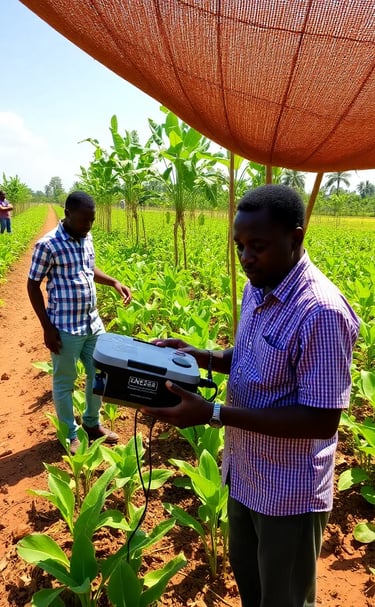 Farmers Using Technology, An image of farmers using smartphones or tablets in the field, analyzing