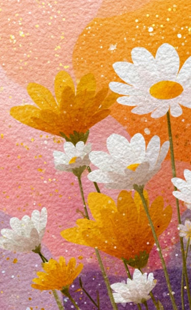 Watercolor painting of daisies and orange flowers on a pink and orange speckled background. 