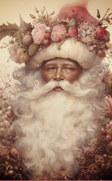 Illustration of Santa Claus with a rosy face, adorned in a floral crown with pink roses, berries, 