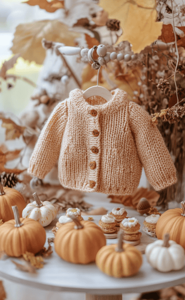 Cozy autumn scene featuring a beige knitted baby sweater on a hanger surrounded by small pumpkins,