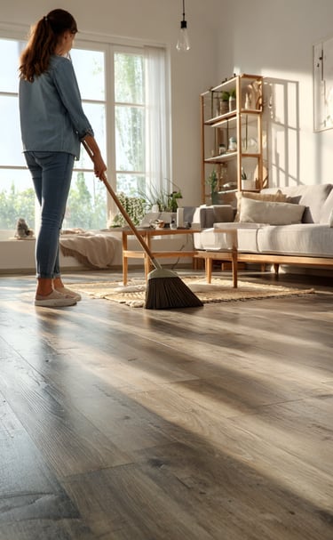 mom cleaning Luxury Vinyl plank flooring installed by Next Floor LLC in Katy
