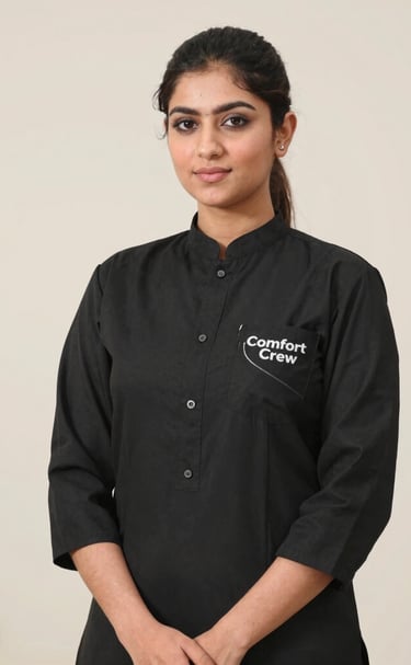 A professional female Comfort Crew staff member wearing a black uniform shirt standing indoors.
