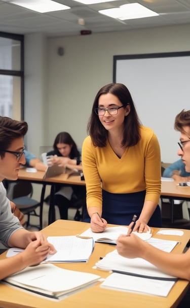 Two people are working in a lab environment, both wearing lab coats. One person is seated and pointing at a computer screen, while the other is standing, looking at the screens. Multiple computer monitors display complex data, possibly related to scientific or medical research.