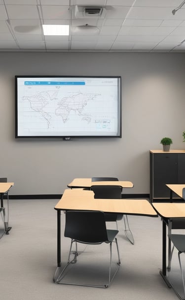 A modern classroom equipped with digital learning tools.