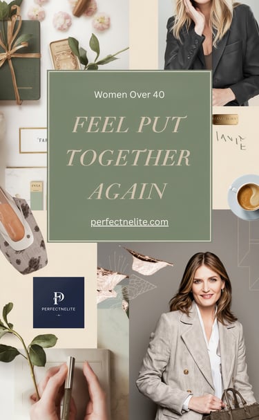 Lifestyle collage for women over 40 featuring fashion accessories and professional style tips.