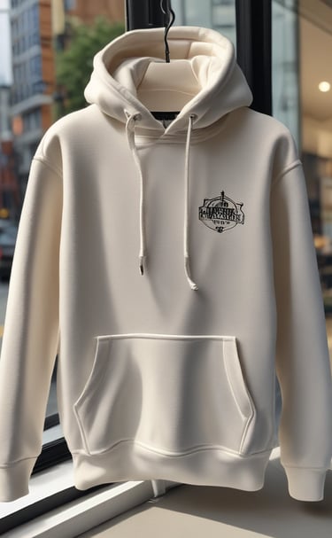 A storefront display featuring an arrangement of clothing items on mannequin and racks. A mannequin is dressed in a light-colored hoodie and sweatpants, surrounded by folded and hanging clothes. The background consists of a plain-textured wall with signage promoting sustainably sourced cotton. The silhouette of a person in a hat is visible in the foreground.