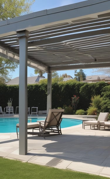A wooden pergola structure with slatted overhead beams creating a pattern of light and shadows. Colorful fabric panels, in green, blue, and red, are stretched across parts of the pergola. Wicker cone-shaped light fixtures hang from the beams, and the sky is clear and bright blue in the background.