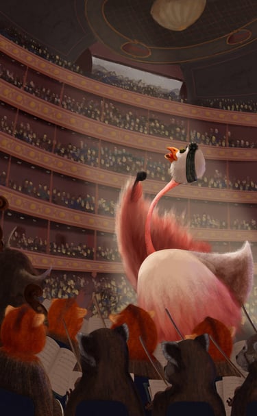 un escenario en un teatro y la cantante mirando al publico, la cantante es Ruth, personaje de  Leo