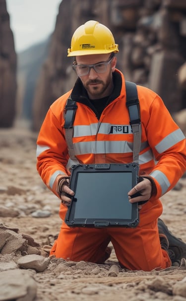 A smartphone is mounted on a stand, displaying a website with colorful graphics and the text 'Transforming Ideas into Reality'. Beside it, a laptop screen shows a blurred version of the same website. The background is soft and out of focus, with green foliage adding a hint of nature.