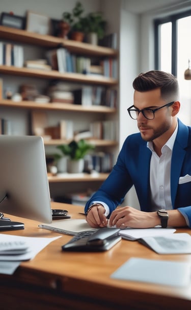 A confident business owner working diligently at their desk.