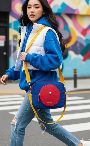 Model dengan gaya street style di Seoul membawa tas selempang SIGNIFO berdesain lingkaran merah.