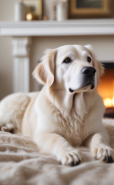 a dog laying on a bed in a bedroom