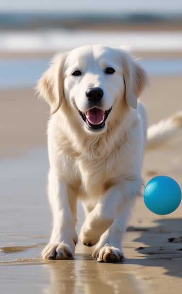 a dog is running along the beach with a ball