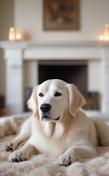 a dog laying on a bed with candles and candles