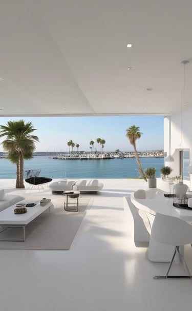 A luxurious residential area featuring a villa with a tile roof surrounded by palm trees and lush landscaping. In the background, a tranquil lake reflects the clear blue sky, and mountains rise up in the distance, creating a serene and picturesque setting.