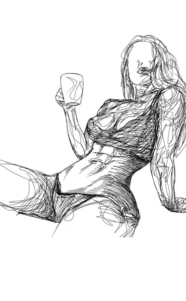 woman in lingerie with coffee scribble art drawing by nuditat