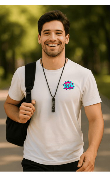 Man walks, smiling looking at camera with a back pack and a Clean Head Tube around his neck