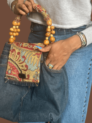Denim Conversions handmade denim handbag with beaded handle