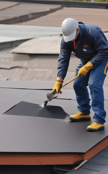 A section of a rooftop with reddish-brown tiles and a metal gutter system. The gutter is covered with multiple colorful stickers and graffiti, contrasting with the weathered, off-white wall and roofing tiles.