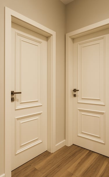 Two elegant white paneled interior doors with modern black handles and wooden flooring.