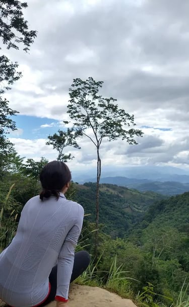 a woman sitting on a rock with a view of the mountains