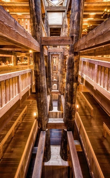 a wooden structure with wooden beams