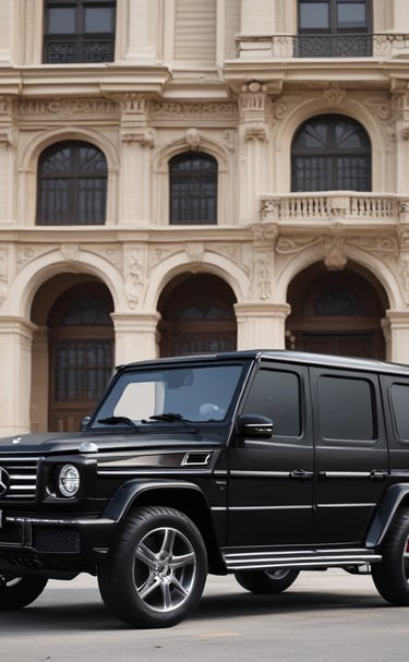 Sleek black Rolls-Royce parked under soft city lights at dusk.