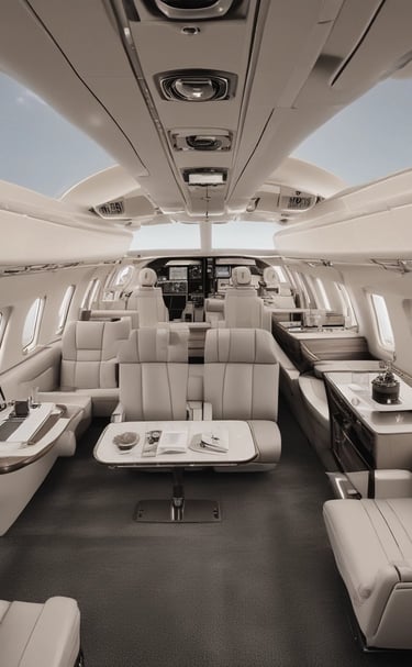 Luxurious private jet cabin bathed in warm bronze lighting, showcasing plush leather seats and sleek design.