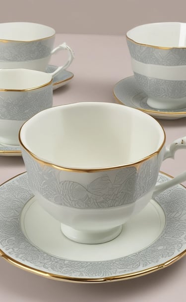 A cozy display of ceramic mugs and cups on a wooden shelf.