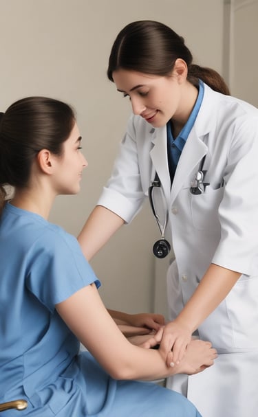 A caregiver gently assisting an elderly woman with a warm smile in a cozy living room.