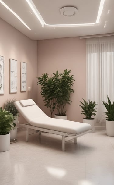Elegant treatment room with nude and white tones accented by soft rose lighting
