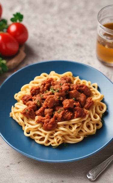 Close-up of a homemade lasagna with melted cheese and rich tomato sauce on a rustic wooden table.