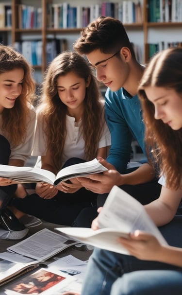 A group of teenagers reading the mental health awareness magazine together in a cozy library corner.