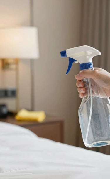 A professional cleaner carefully wiping a modern office desk with a blue microfiber cloth.