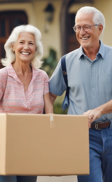Couple unpacking boxes in a bright, cozy Florida home filled with natural light.