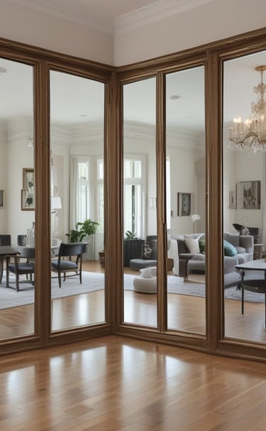Shiny glass cabinet doors showcasing flawless clarity in a luxury kitchen.