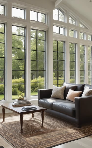 Close-up of a sparkling clean window reflecting a luxury home garden.