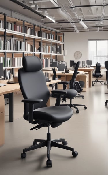 A cozy home office corner featuring a sleek ergonomic chair with natural light streaming through a nearby window.