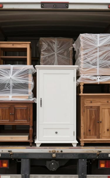A close-up of carefully packed goods inside a shipping crate labeled for Syria.