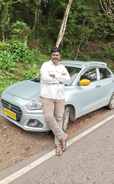 ​"South India Drop Taxi driver with a neat Swift Dzire car on a scenic forest route tour"