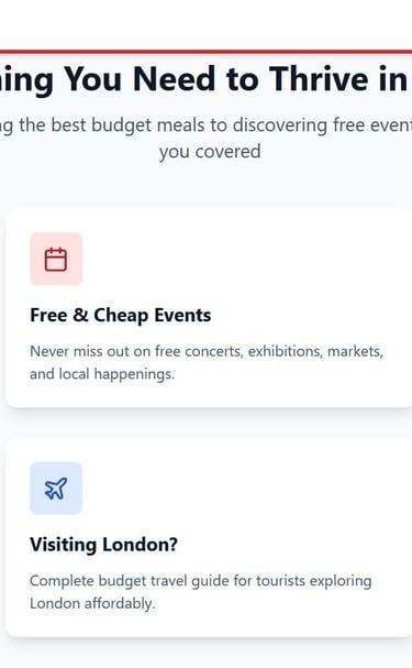 a website page with a bunch of different types of things in london